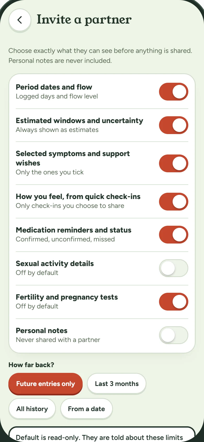 The FlowTrax invite a partner screen with switches for period dates, estimates, symptoms, how you feel, and medication. Personal notes are never shared.
