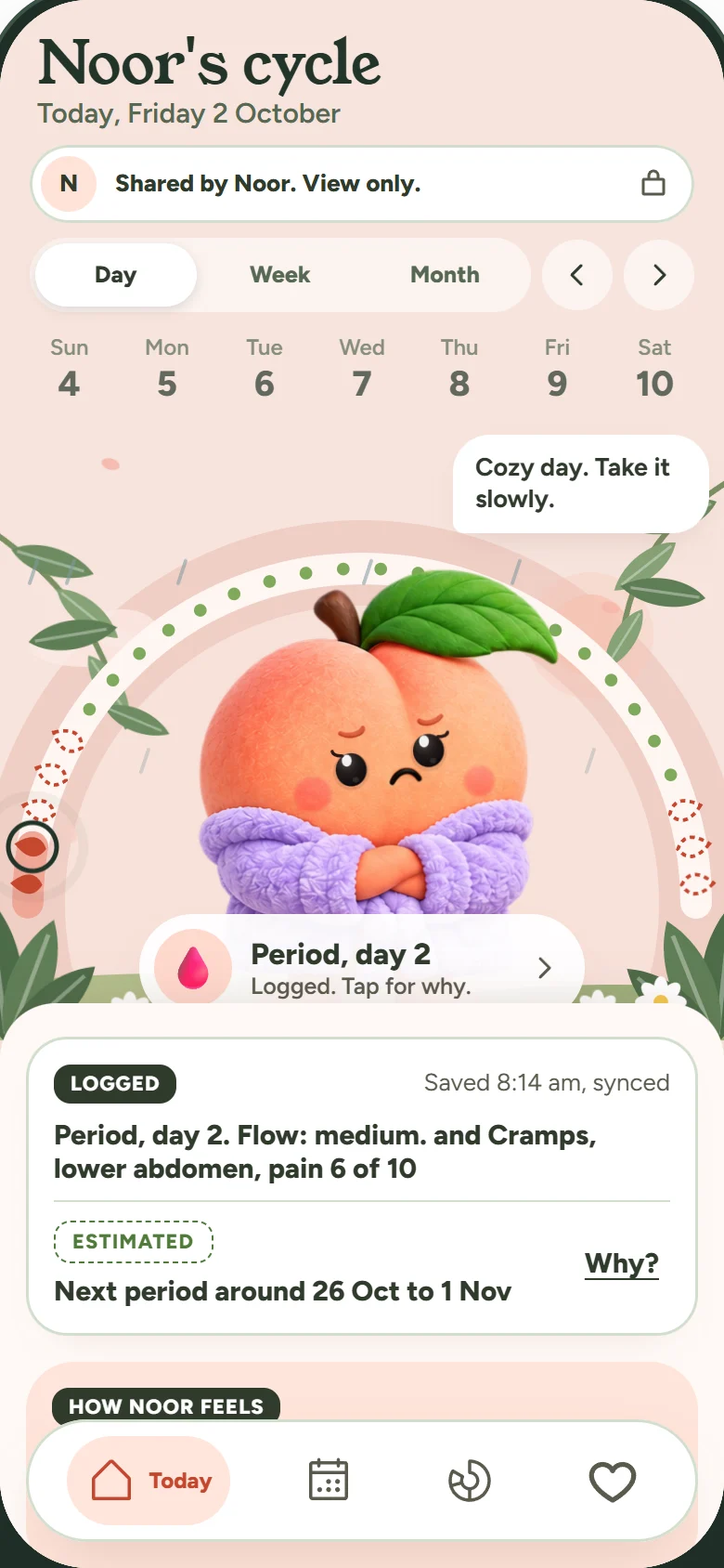 A partner's view-only FlowTrax screen: Noor's cycle, period day 2 logged, the peach with arms crossed saying cozy day, take it slowly